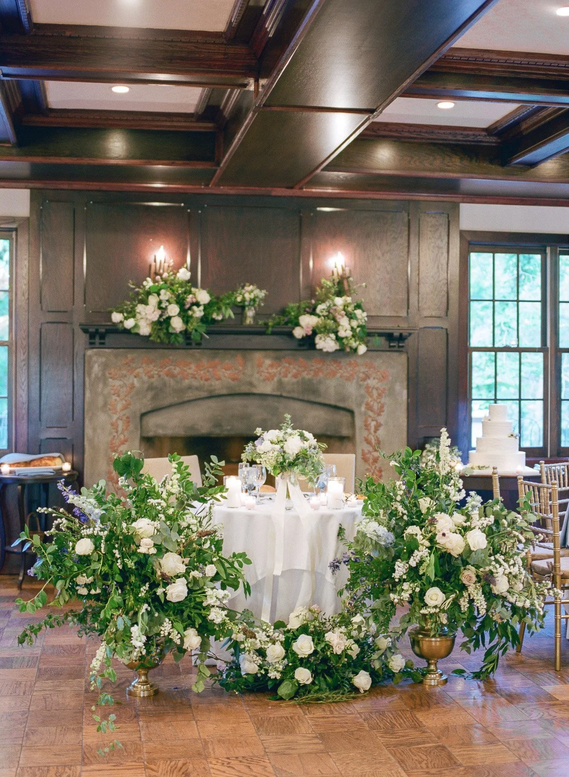 Fireplace floral design at Hotel du Village wedding in New Hope PA by Twisted Willow Flowers
