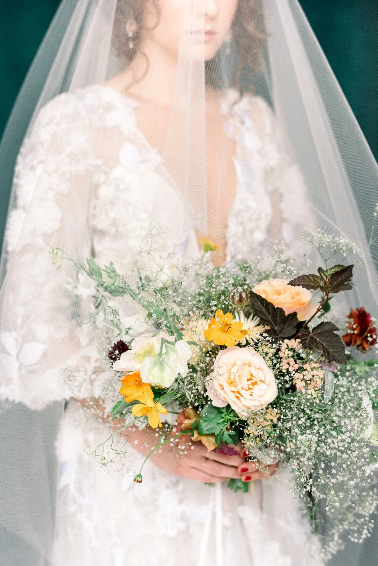 Flower Scout baby's breath bouquet and marchesa wedding gown