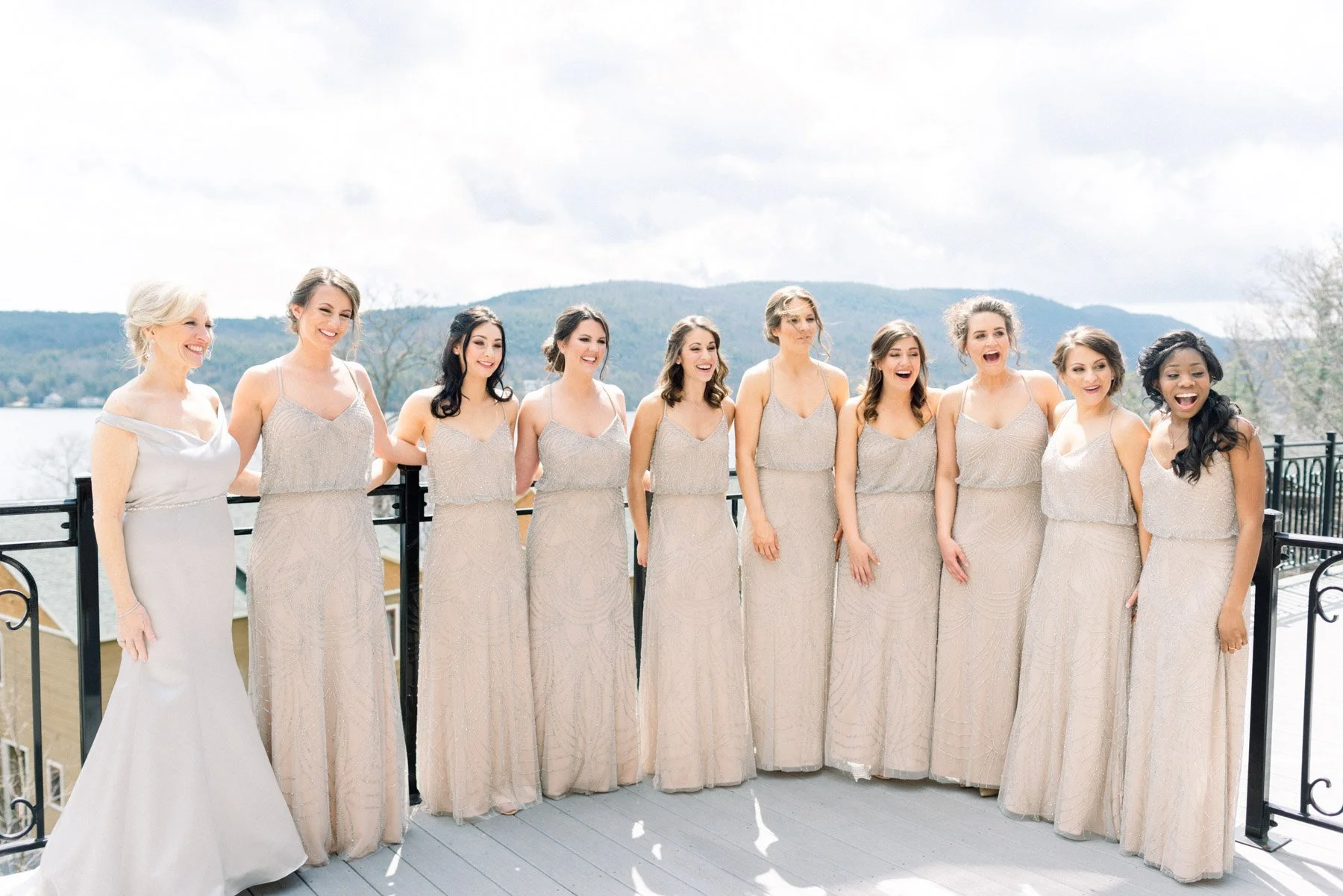 First Look with Bridesmaids at Inn at Erlowest in Lake George, NY