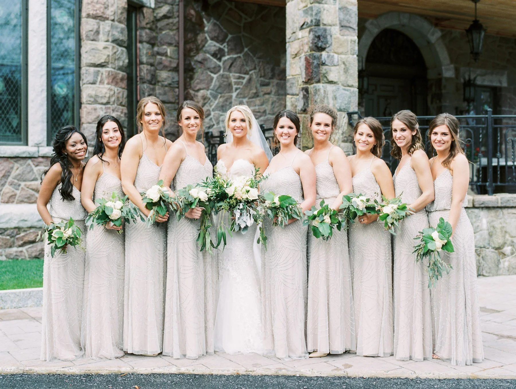 Inbal Dror Wedding Gown and Adrianna Papell Bridesmaids 