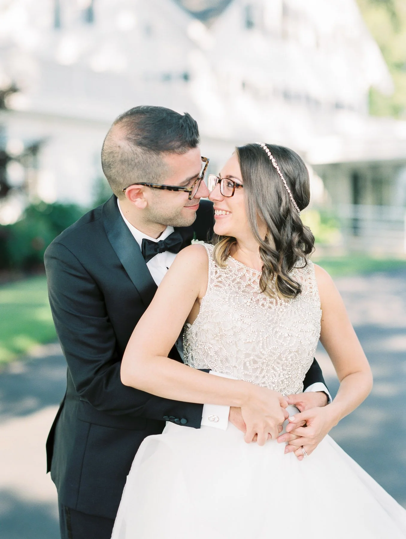 Bride and Groom in front of The Ryland Inn