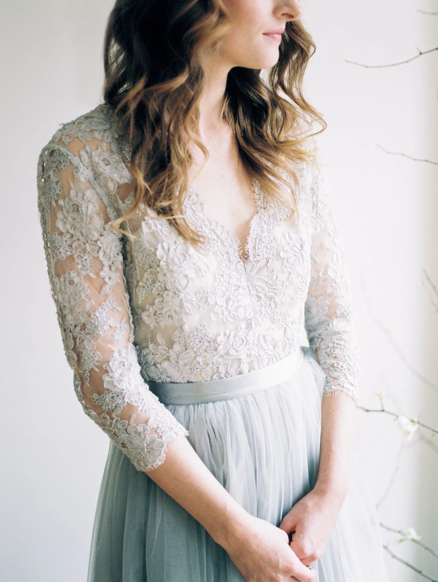 Alexandra Grecco blue wedding gown and Ava Flora bouquet