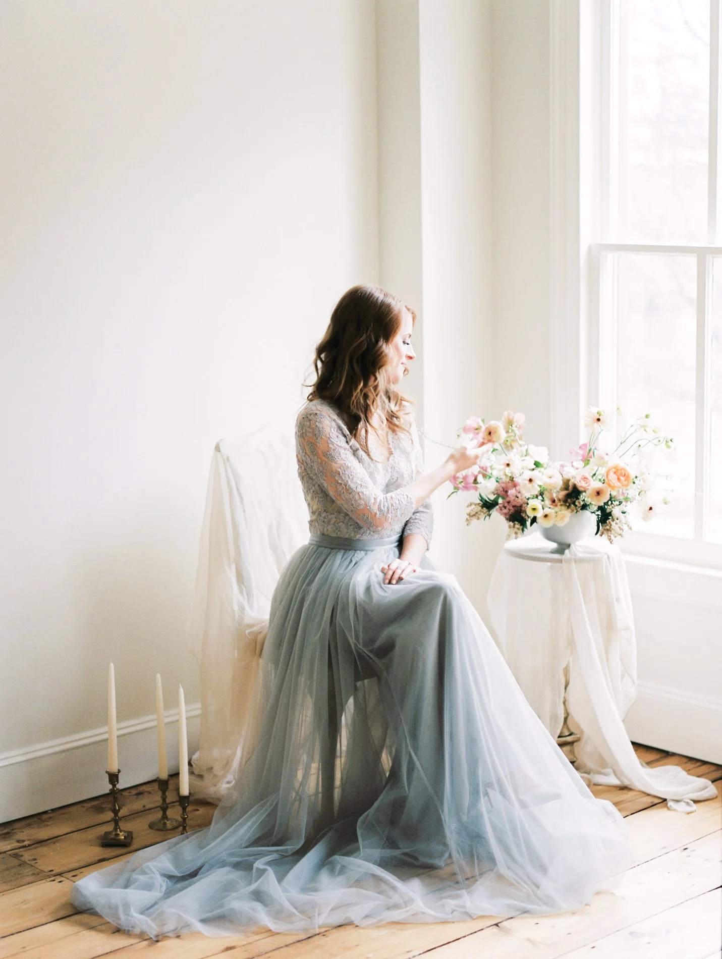 Alexandra Grecco blue wedding gown and Ava Flora bouquet