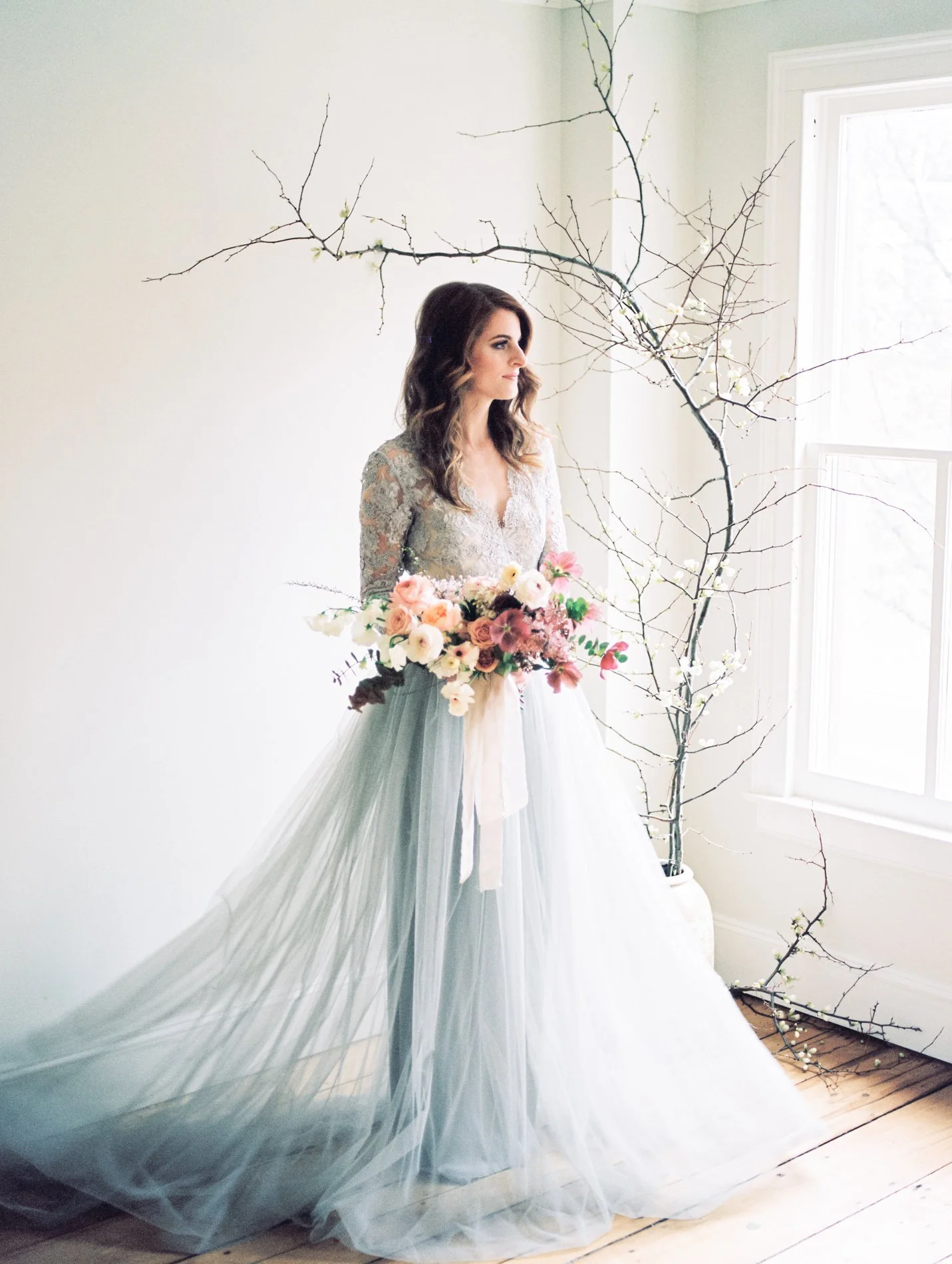 Alexandra Grecco blue wedding gown and Ava Flora bouquet