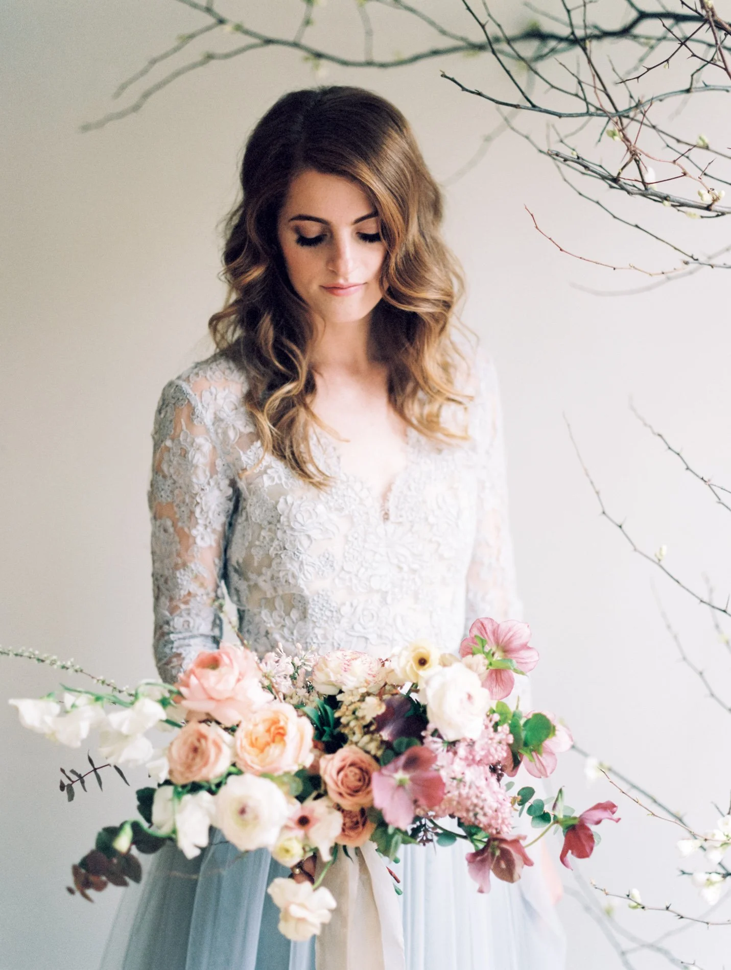 Alexandra Grecco blue wedding gown and Ava Flora bouquet