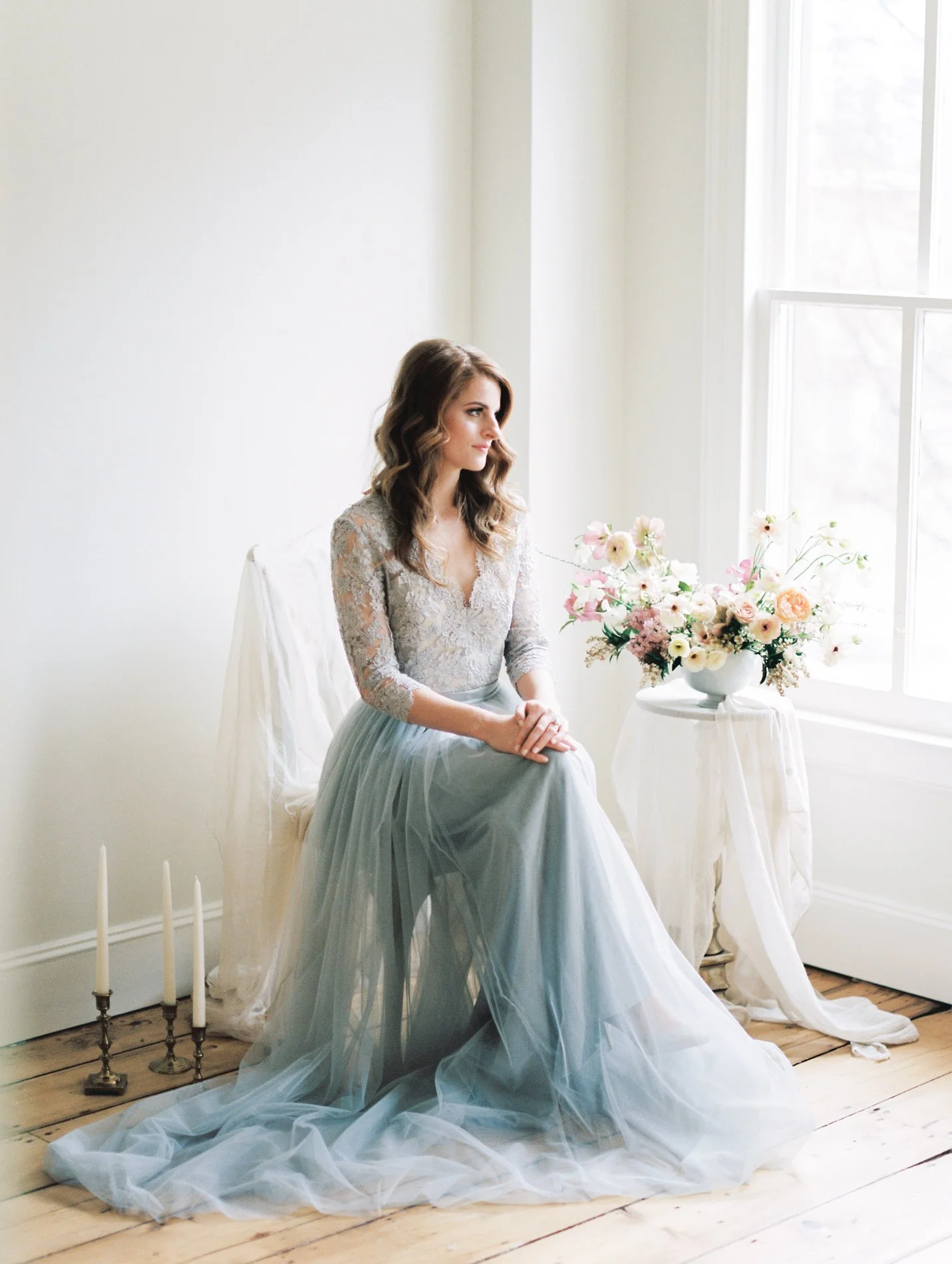 Alexandra Grecco blue wedding gown and Ava Flora bouquet