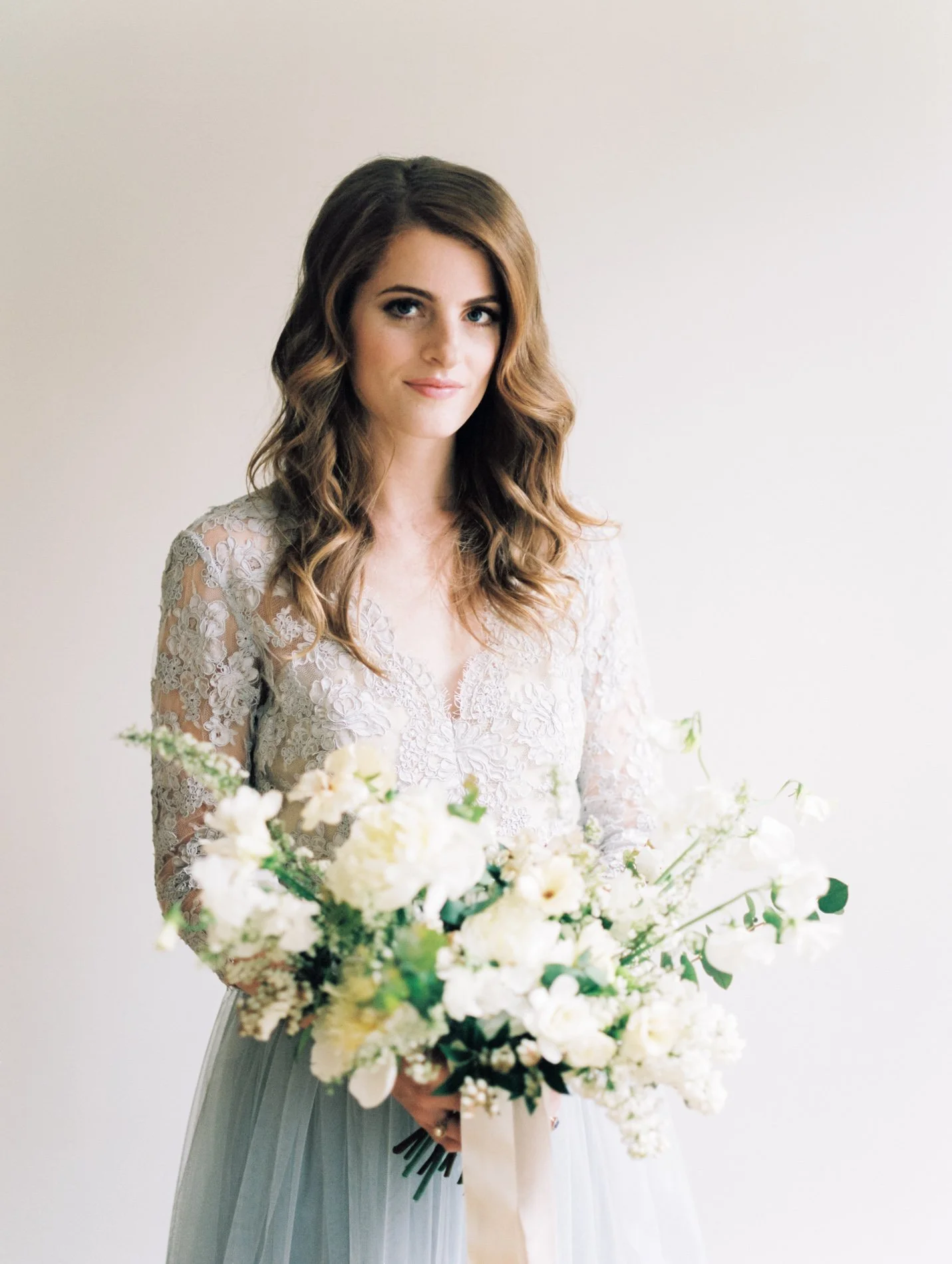 Alexandra Grecco blue wedding gown and Ava Flora bouquet