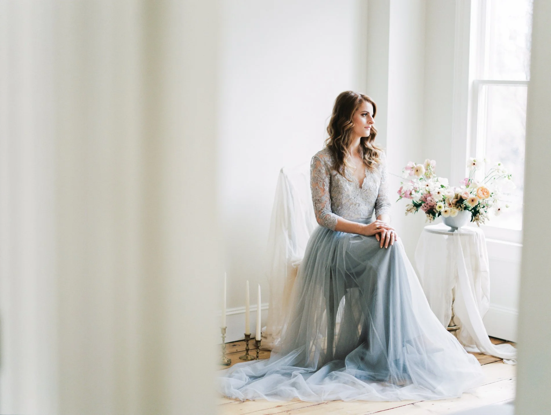 Alexandra Grecco blue wedding gown and Ava Flora bouquet