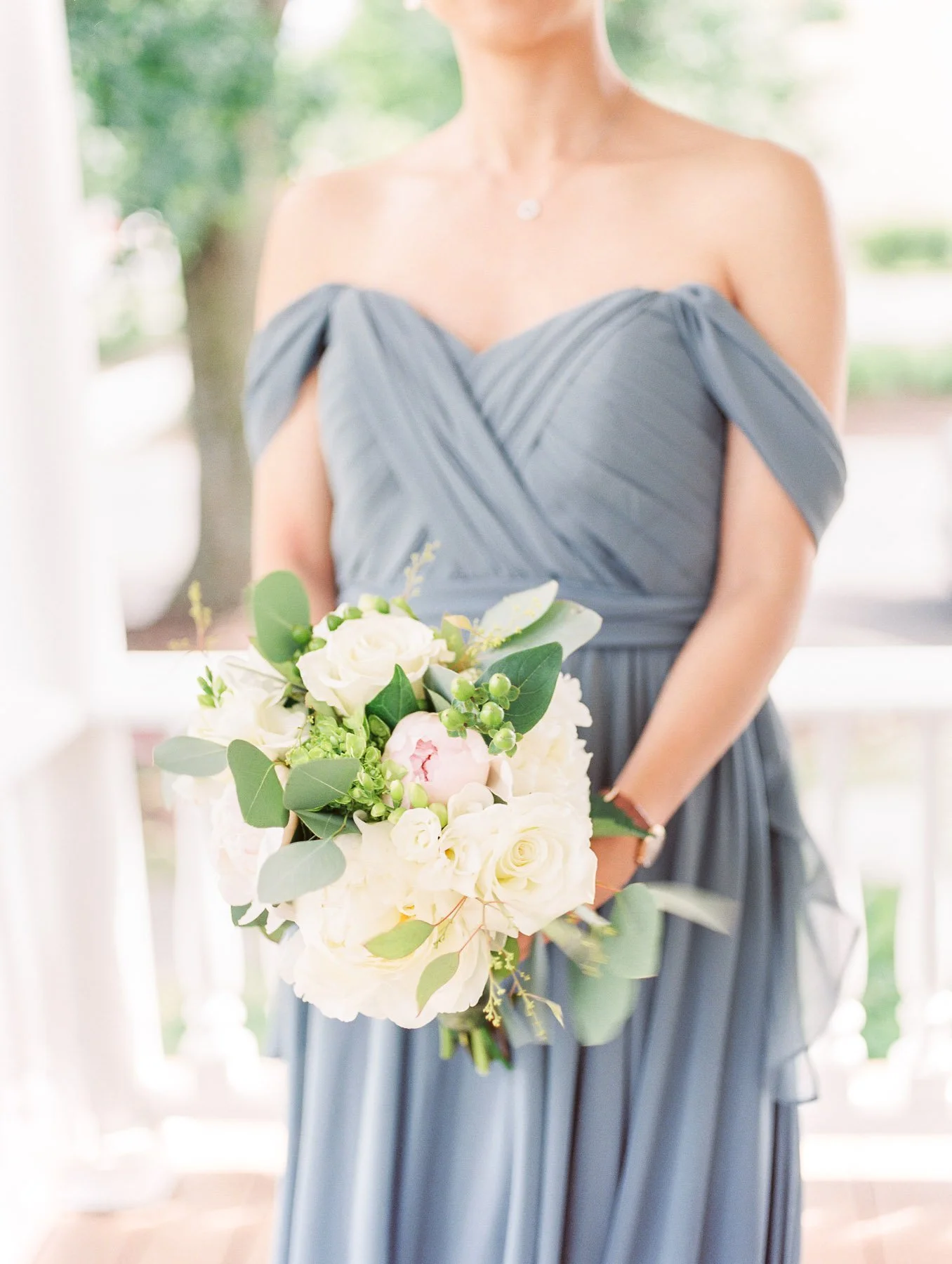 Manchester Vermont Wedding Off Shoulder Bridesmaid Dress in Blue