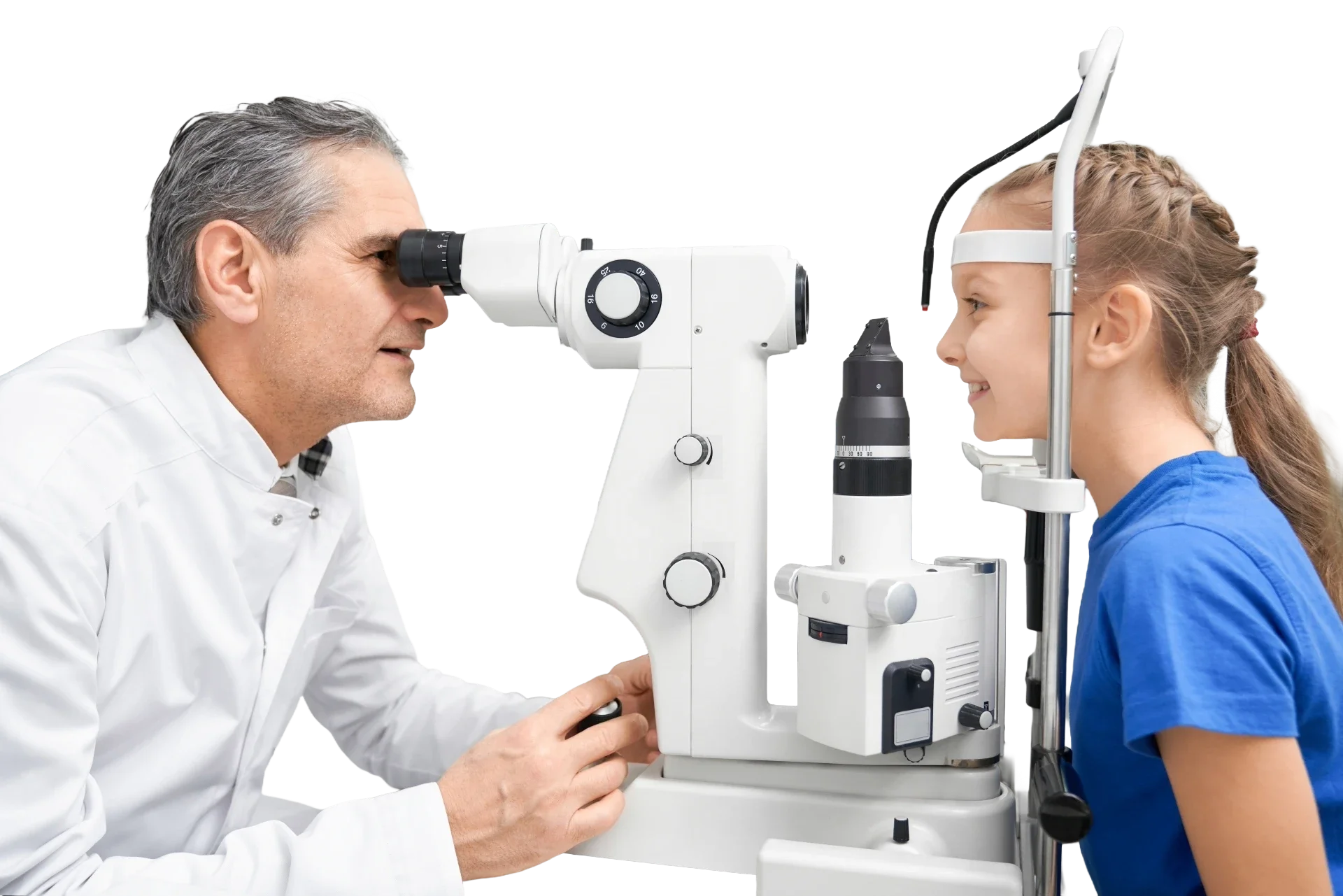 Optometrist examining a young girl's eyes with a slit lamp machine