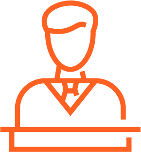 Outline icon of a person wearing a suit and tie, standing behind a desk or podium.