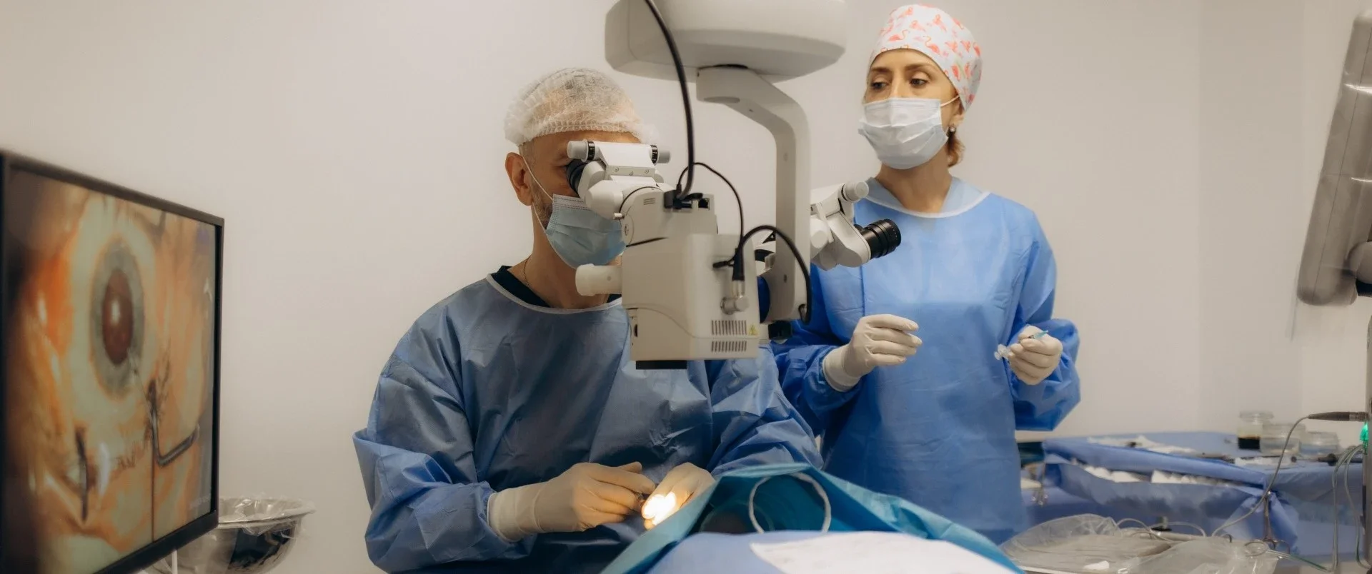 Two surgeons in blue scrubs, masks, and gloves operate in an operating room, using surgical microscopes; a monitor displays a close-up view of the procedure.