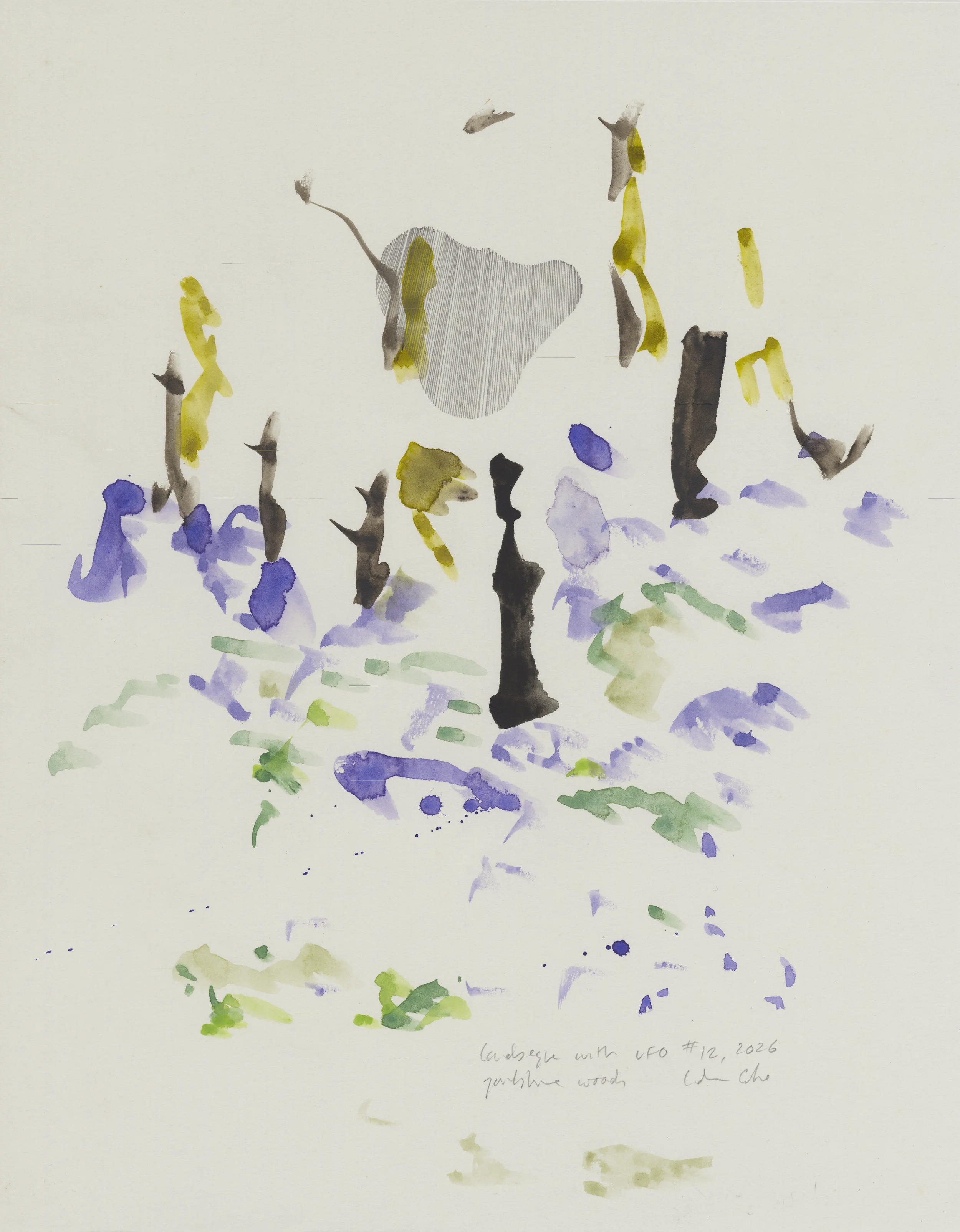 Landscape with UFO #12, 2026. watercolour, pencil on paper. 35.5 x 28cm..webp