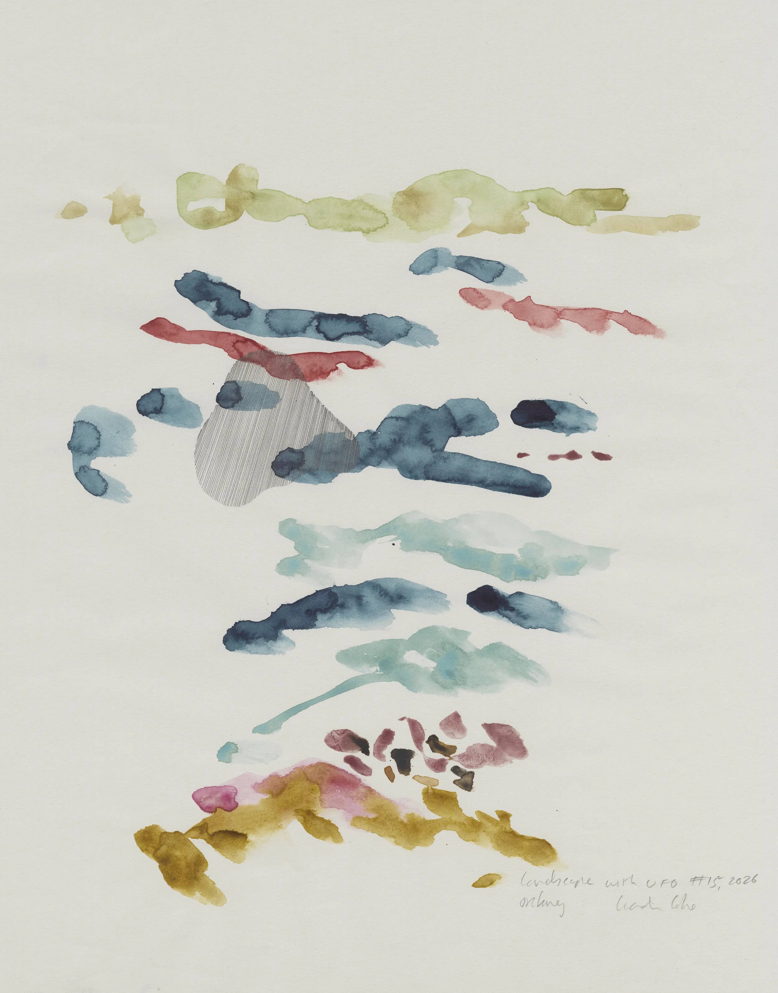 Landscape with UFO #15, 2026. watercolour, pencil on paper. 35.5 x 28cm..webp