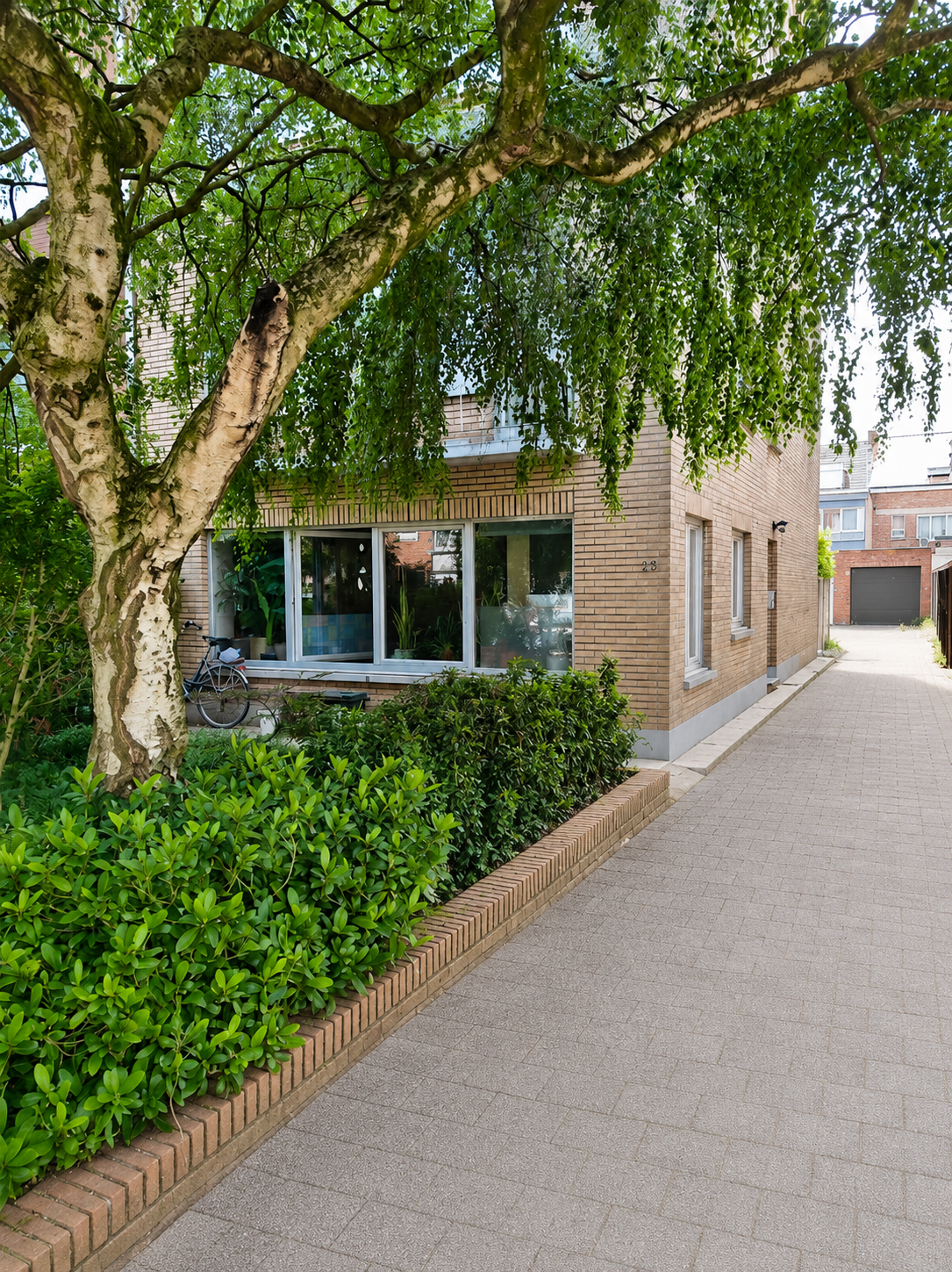 Geel huis met voortuin met een grote boom en groenen struiken