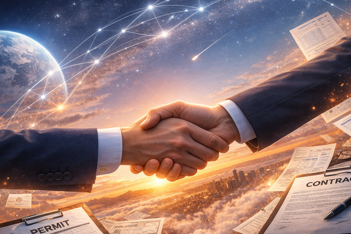 Businesspeople shaking hands with a cityscape and galaxy in the sky, documents, and a pen on a desk.