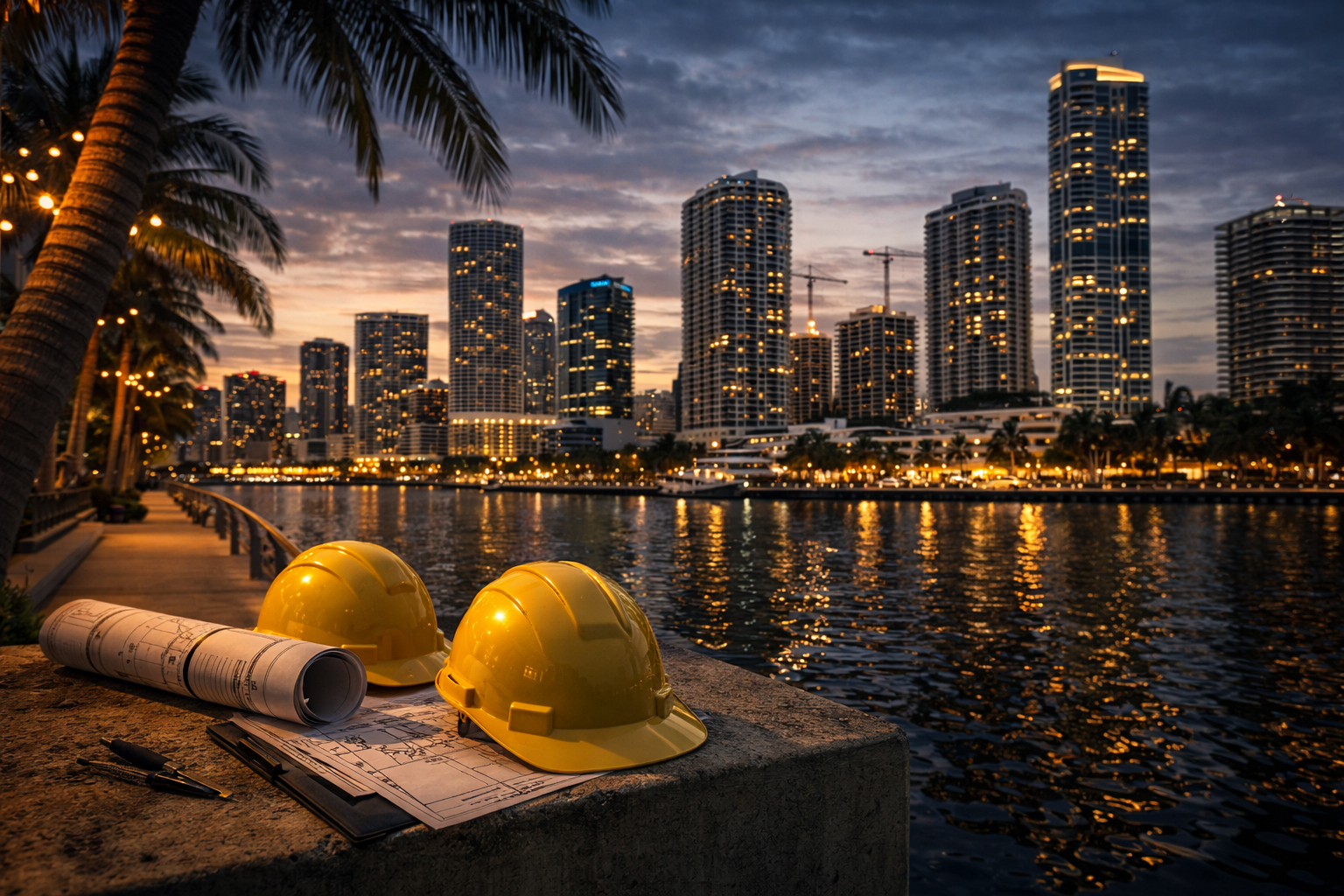 Construction helmets, blueprints, and pens on a ledge overlooking a waterfront cityscape at dusk, with illuminated high-rise buildings and palm trees.