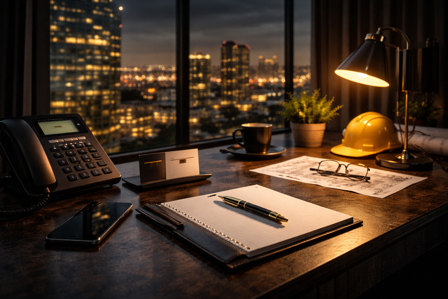 Office desk with phone, notepad, pen, pair of glasses, coffee cup, potted plant, yellow hard hat, desk lamp, and city skyline view at night.