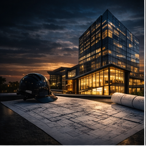 Architectural blueprints on a table with a safety helmet, in front of a modern glass office building at sunset.