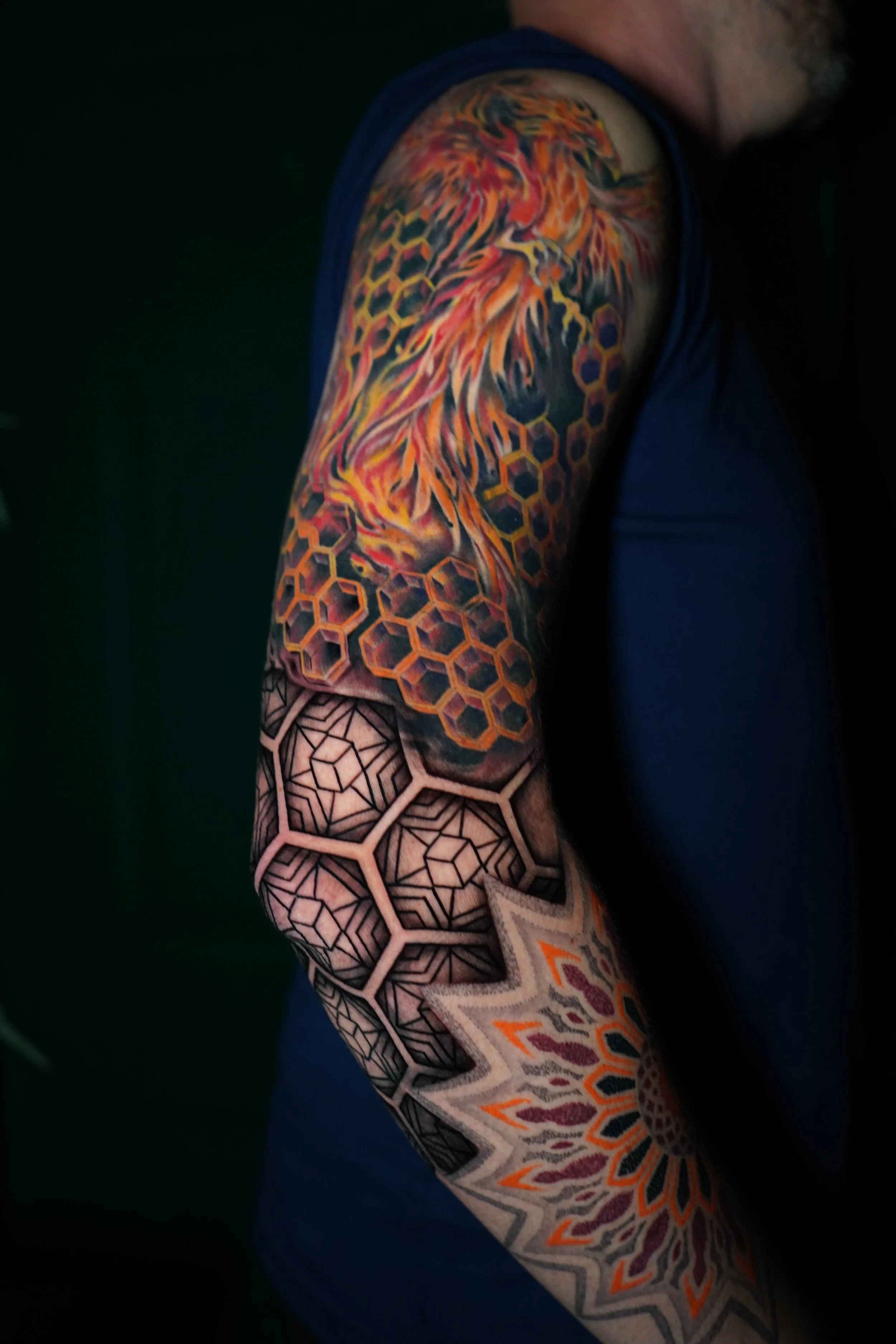 Colorful tattoo sleeve featuring a lion's head, honeycomb patterns, and geometric designs on the person's arm.