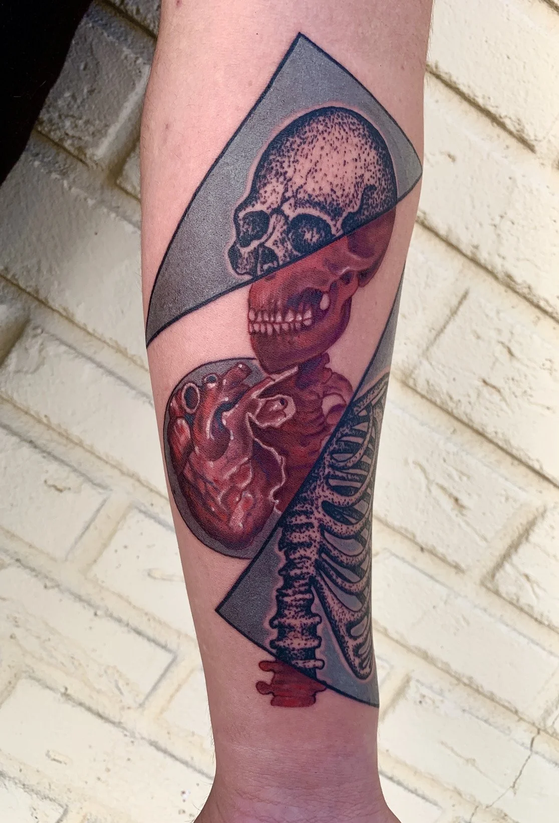 Tattoo of a skeleton's skull, heart, and ribcage, divided by mountain-like shapes, on a person's arm.