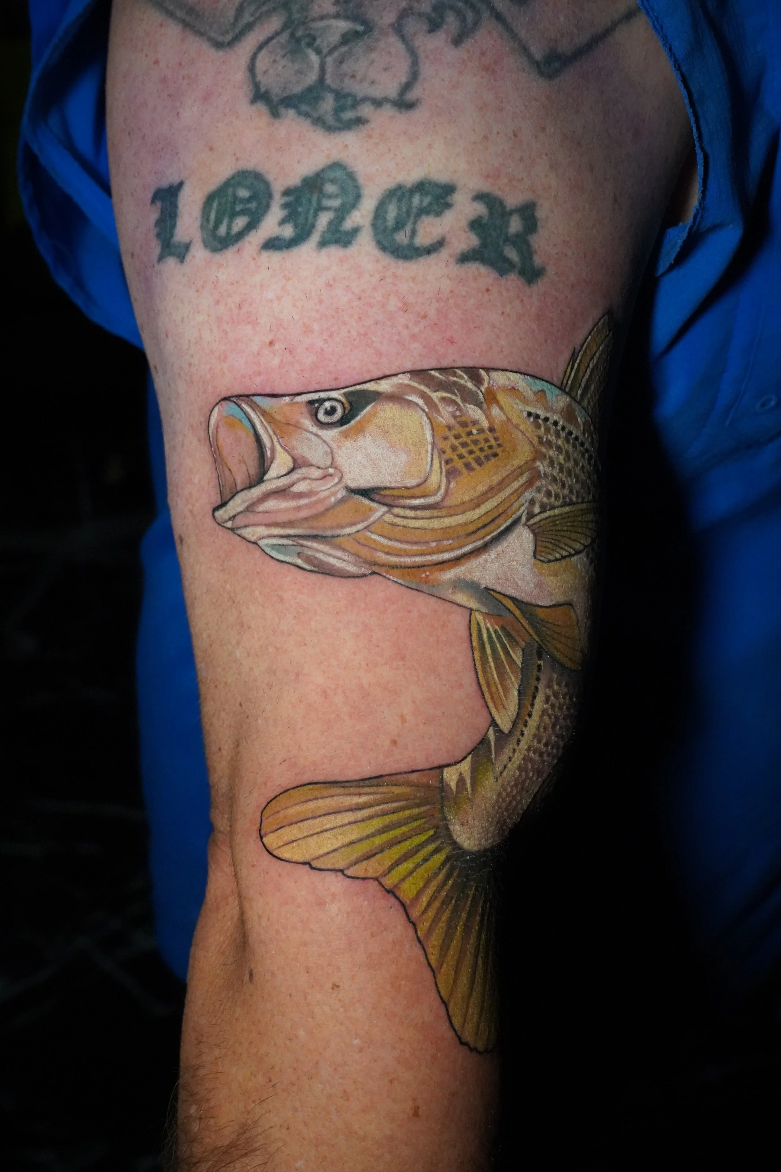 Colorful tattoo of a fish on a person's upper arm with the words 'LOSER' above it.