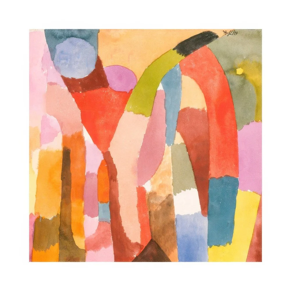 Opera astratta di Paul Klee 'Movimento': una composizione di colori e forme che simboleggia il fluire delle idee e il cambiamento nel percorso di consulenza filosofica.