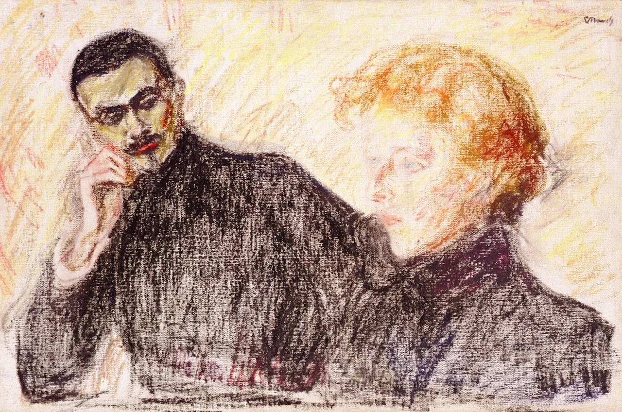 Dipinto "Uomo con capelli scuri e donna con capelli rossi" di Edvard Munch, raffigurante un uomo pensieroso vestito di scuro a sinistra e una donna con una chioma rossa luminosa a destra.