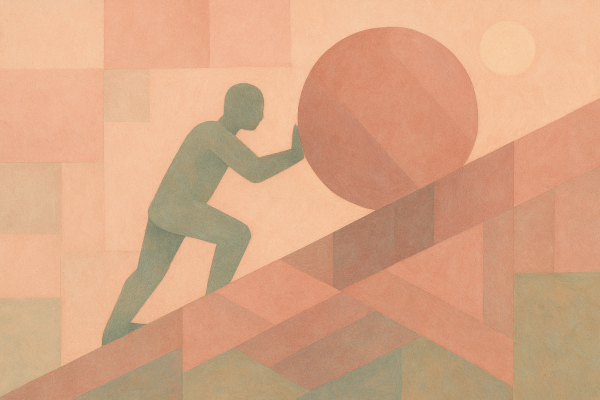 Illustrazione di un uomo che spinge un peso in salita, metafora dello stress esistenziale e del burnout: la consulenza filosofica come relazione di aiuto per superare la stanchezza e ritrovare motivazione professionale.