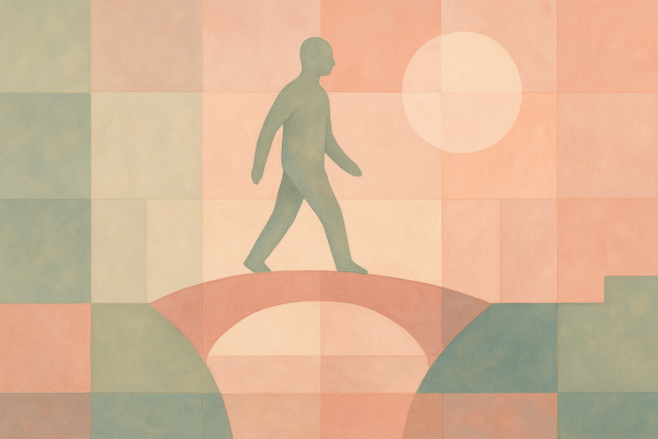 Un uomo che attraversa un ponte verso la luce, simbolo di un cambiamento di vita: il counseling filosofico offre un percorso di consapevolezza per affrontare con fiducia scelte esistenziali e transizioni personali.