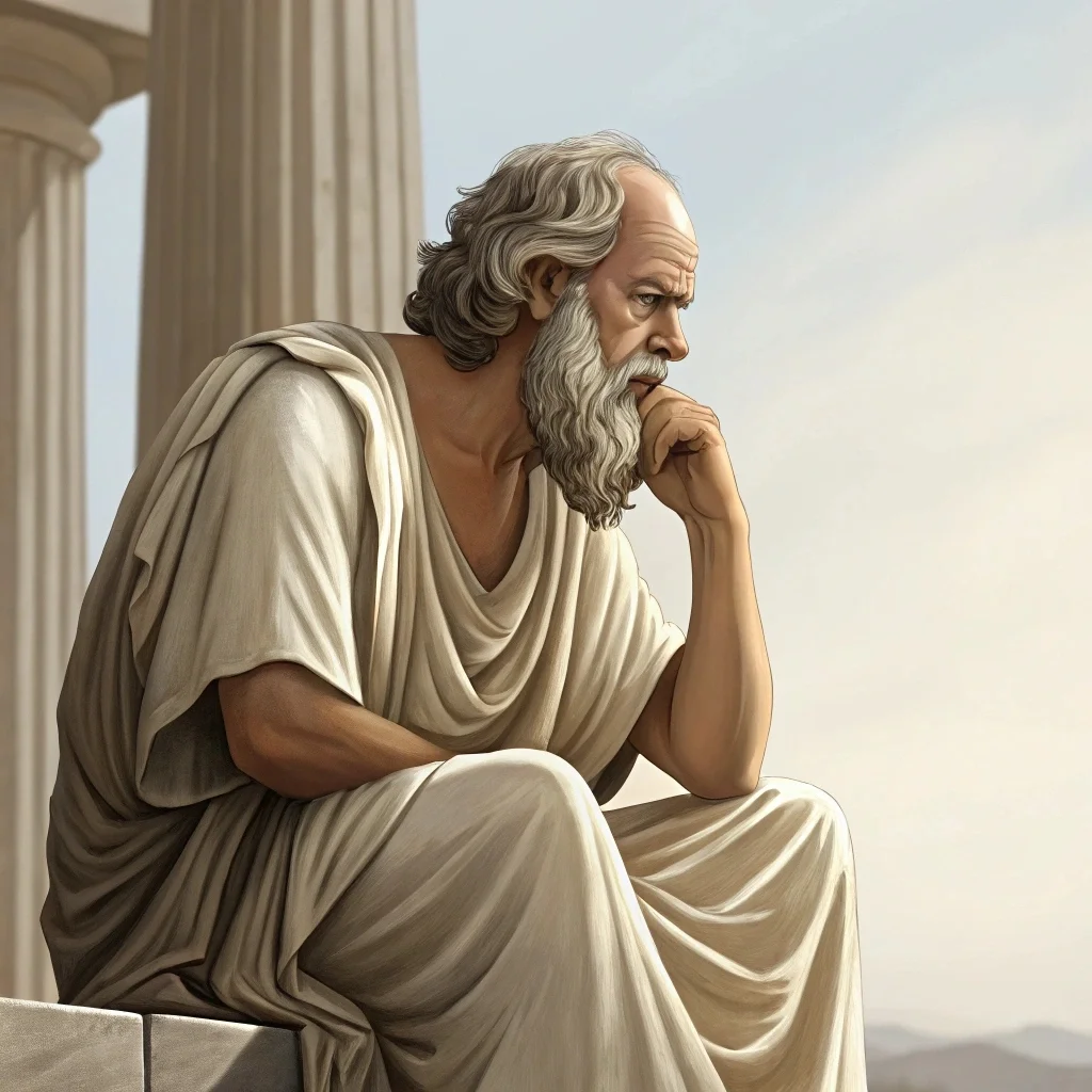 Socrate seduto in meditazione davanti a un tempio greco: rappresentazione della filosofia antica applicata alla crescita personale e alla consulenza filosofica professionale.