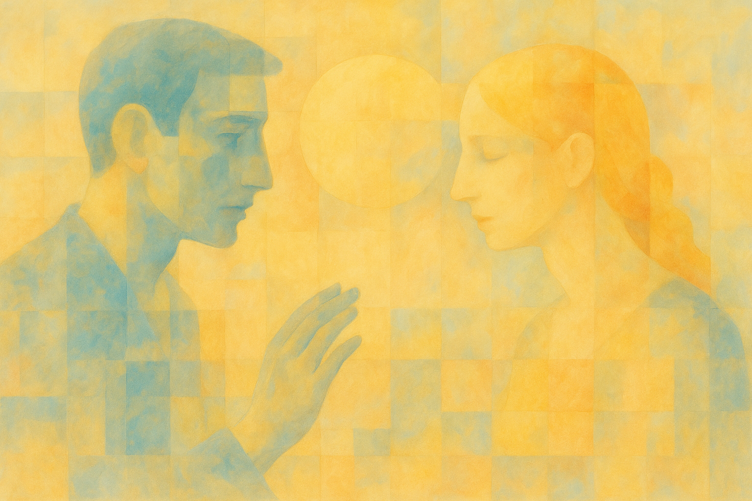 Dialogo tra consulente e cliente in una sessione di consulenza filosofica: rappresentazione artistica della pratica filosofica per il benessere interiore e la chiarezza mentale.