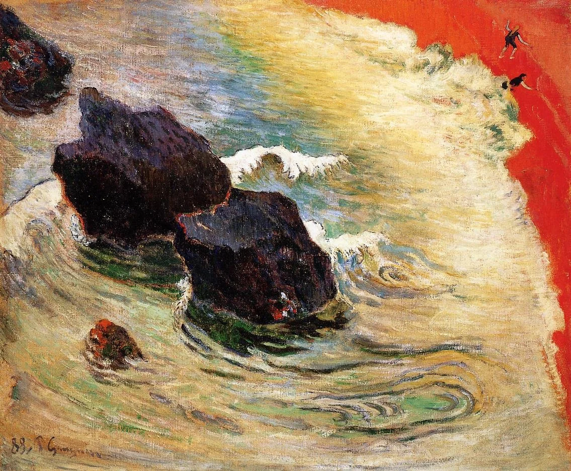 Dipinto post-impressionista "La favola" (o "L'Onda") di Paul Gauguin del 1888, che mostra grandi scogli scuri lambiti dalla schiuma del mare e una spiaggia rosso acceso con due bagnanti.