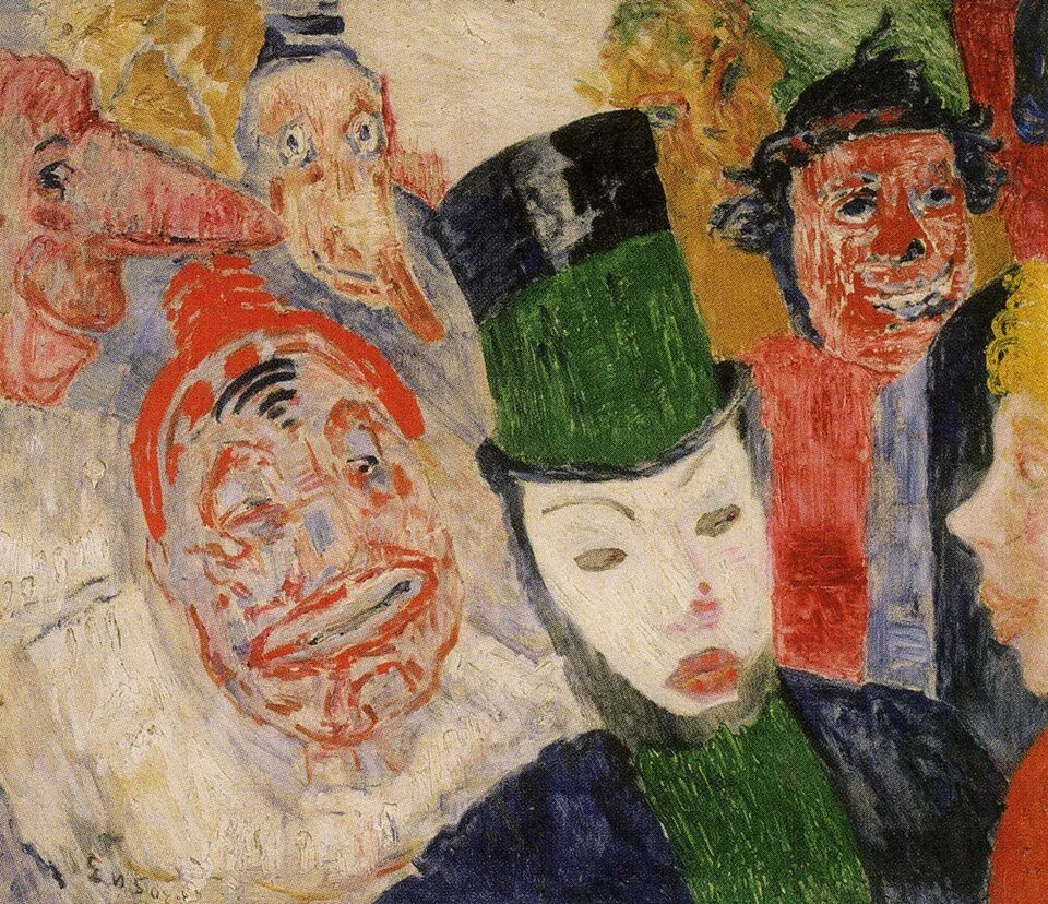 Dipinto Lo sconosciuto di James Ensor raffigurante figure in maschera e un uomo con cilindro alto