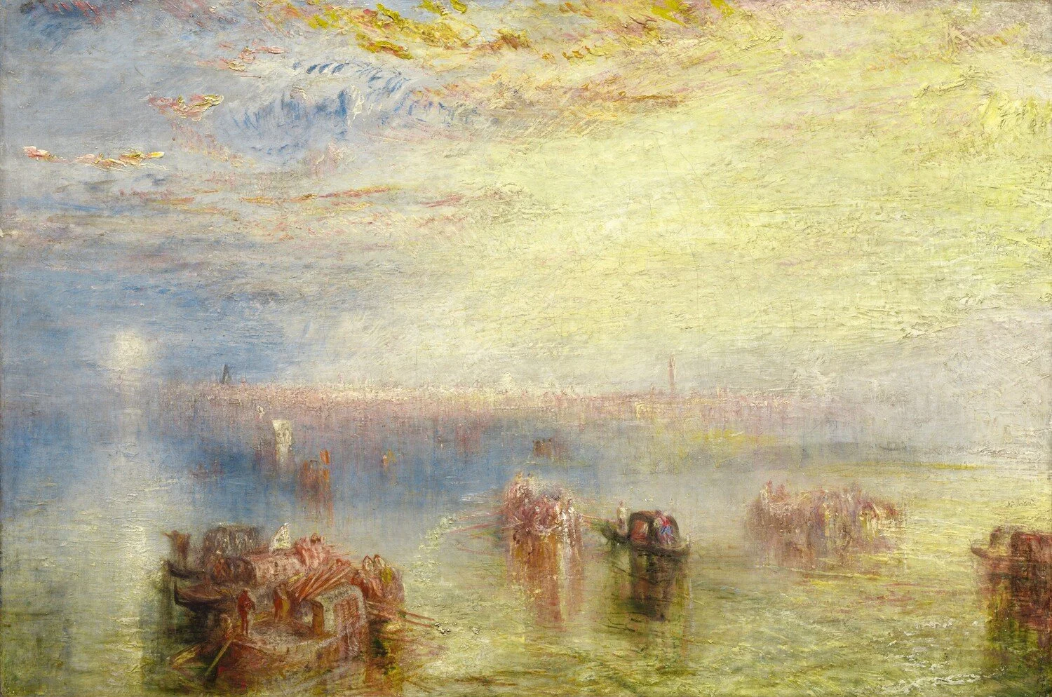 Dipinto a olio "Approccio a Venezia" di J.M.W. Turner del 1844, che mostra una veduta nebbiosa e luminosa della laguna di Venezia al tramonto con gondole in primo piano.