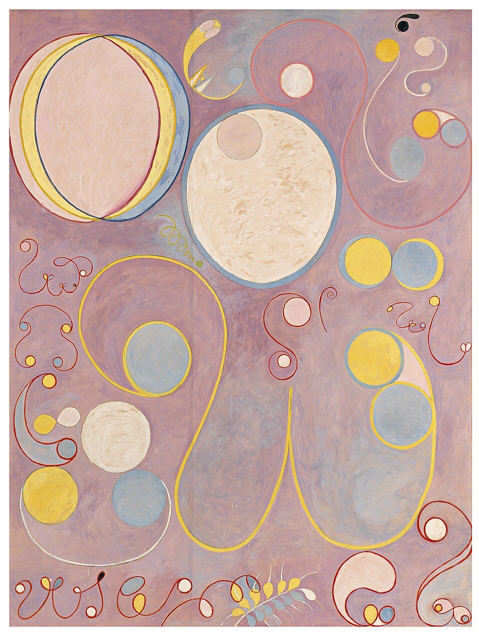 Un grande dipinto astratto di Hilma af Klint.  Su sfondo lavanda due grandi cerchi bianchi dominano la parte superiore. Linee rosse e gialle formamo intricate spirali. Al centro forme organiche.