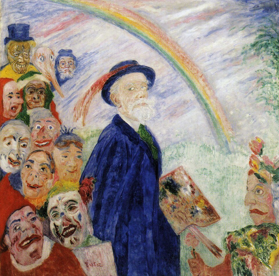 "James Ensor, 'Autoritratto con maschere', si svela circondato da un'umanità deformata, sotto un arcobaleno."