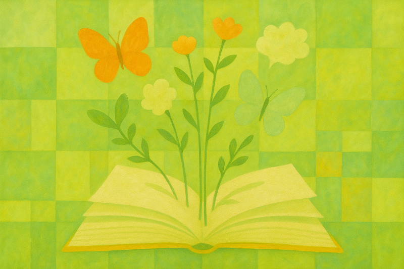 Un libro aperto da cui nascono fiori e farfalle, simbolo della biblioterapia: un potente strumento di crescita personale e cura di sé per elaborare emozioni e ritrovare il benessere interiore attraverso la lettura.