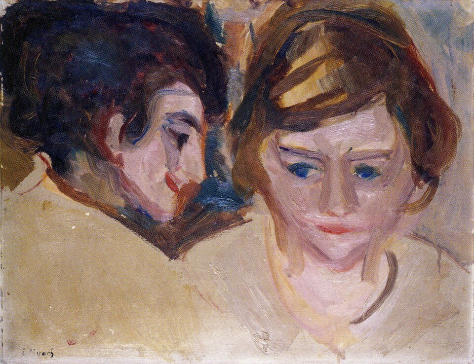 Dipinto espressionista "Doppio ritratto" di Edvard Munch, che raffigura i volti di due donne accostati, realizzati con pennellate rapide e intense dalle tonalità calde e malinconiche.