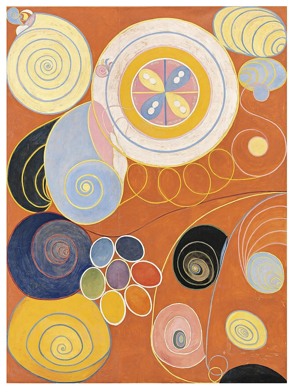 Dipinto astratto "I dieci più grandi, N. 3, Giovinezza" di Hilma af Klint (1907), caratterizzato da uno sfondo arancione brillante su cui si stagliano grandi spirali colorate, cerchi concentrici e forme bio-morfiche nei toni del giallo, blu e bianco.