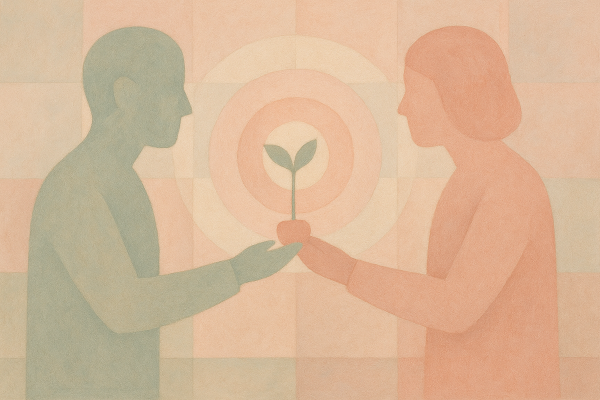 Due persone che curano insieme una pianta, simbolo del supporto alla genitorialità: una pratica filosofica dedicata a chi affronta sfide educative e desidera migliorare l'etica delle relazioni familiari.