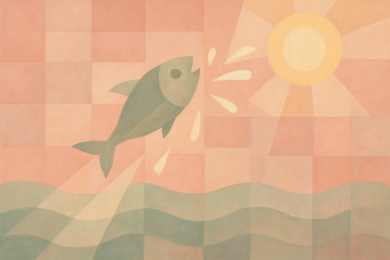 Rappresentazione simbolica di un pesce che balza verso la luce, metafora del counseling filosofico, inteso come una relazione di aiuto per chi desidera ritrovare senso e affrontare interrogativi esistenziali in un percorso di crescita personale