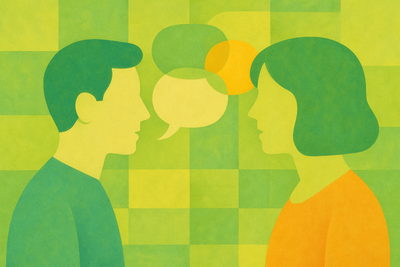 Due profili in dialogo con nuvole di pensiero che si intrecciano: la consulenza filosofica individuale come relazione di aiuto basata sull'ascolto empatico per fare chiarezza e superare blocchi esistenziali.