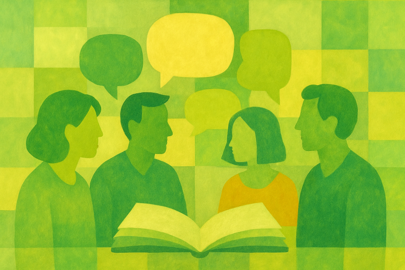 Persone disposte in cerchio che condividono riflessioni attorno a un libro: le pratiche filosofiche di gruppo favoriscono il confronto costruttivo e la condivisione, trasformando il dialogo in un'esperienza di supporto collettivo.