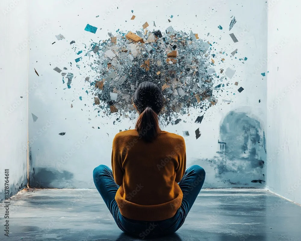 Person sitting in a cross-legged position with back facing, looking at a wall with abstract art made of broken pieces in a dark explosion shape.