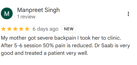 Screenshot of a Google review by Manpreet Singh praising Dr. Saab for effective back pain treatment after clinic sessions.