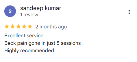 Screenshot of a positive review from Sandeep Kumar praising excellent service, quick relief from back pain, and high recommendation.