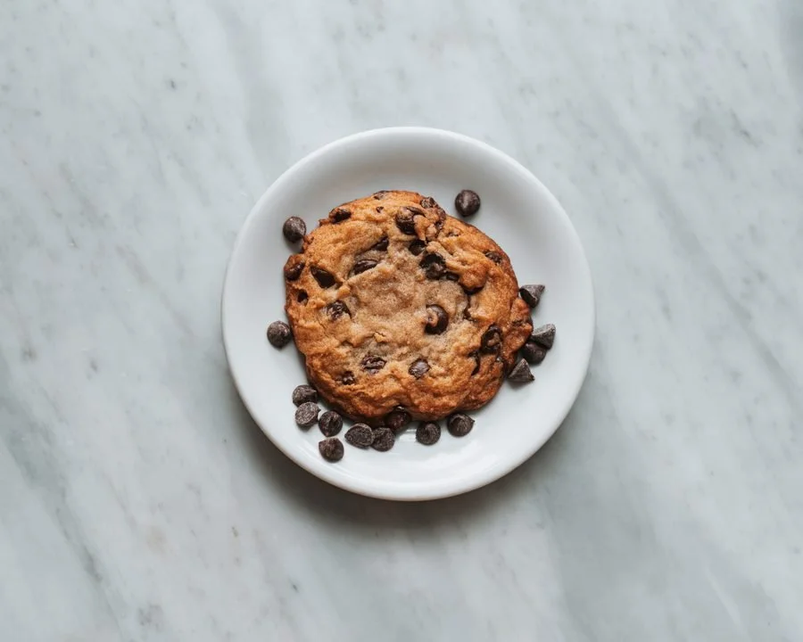 Chocolate chip cookie on a white plate with scattered chocolate chips, placed on a marble surface.