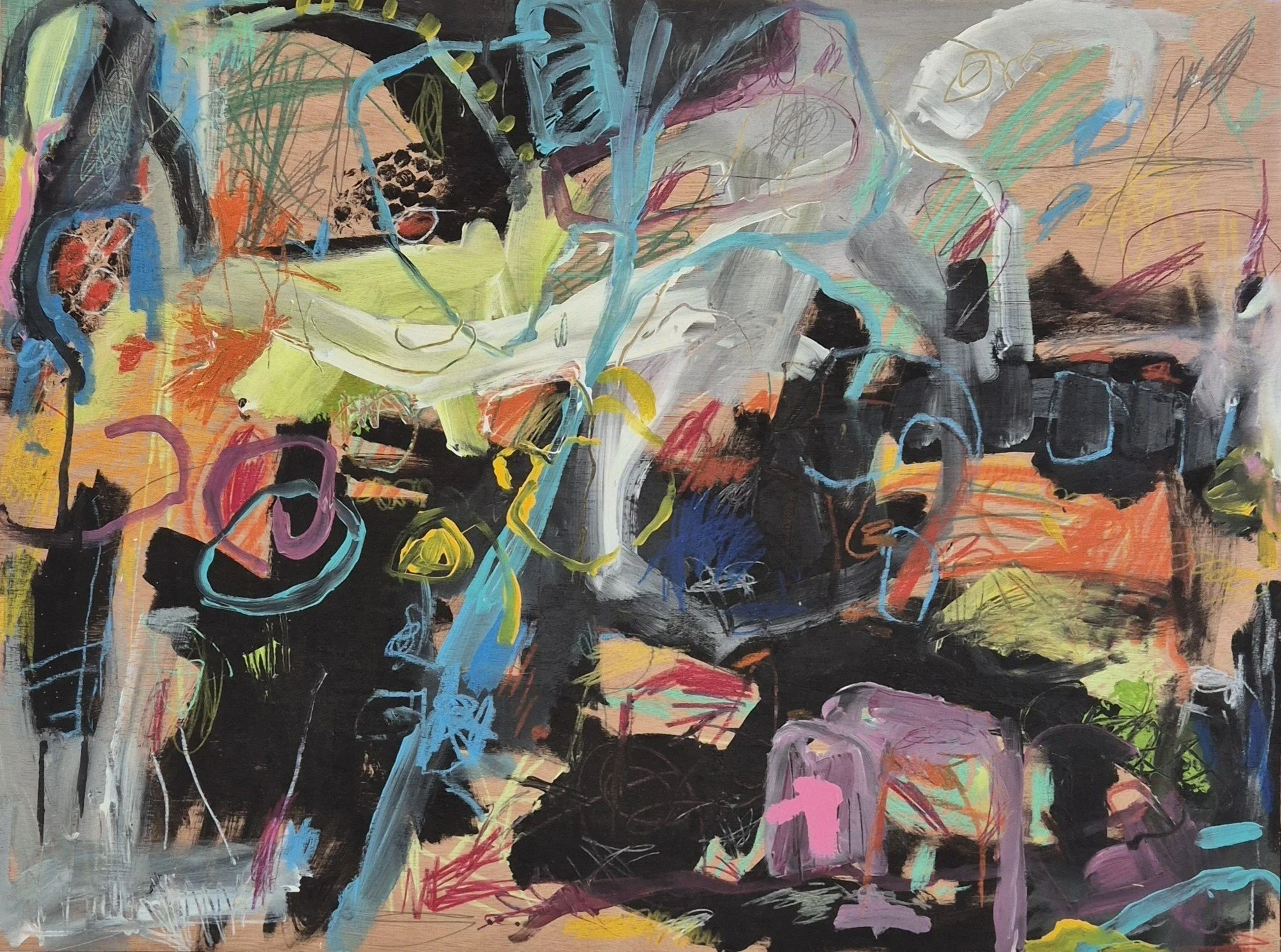 Untitled, 2021. 80x60 cm, Mixed media on cradled wood panel (acrylic, markers, pencils, and crayons)