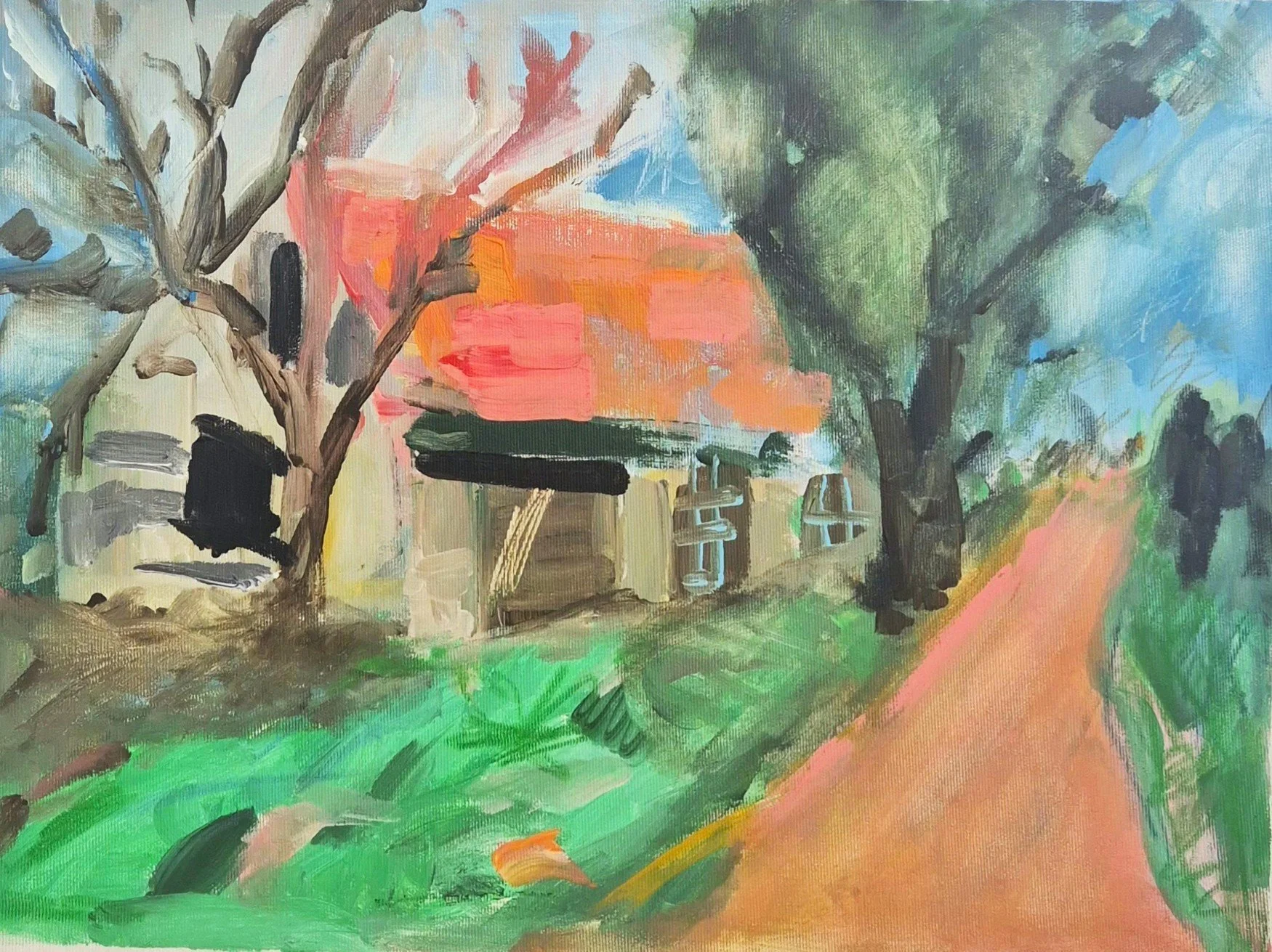 A House, a Path and a Pink Roof, 2022. 40X36 cm, Acrylic on Canvas